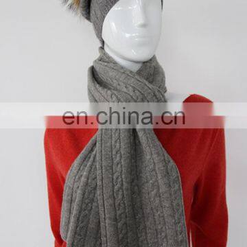 Hot popular 7gg cable knit cashmere raccoon pompom hat scarf set