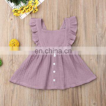 Wholesale Kids Girl Clothes Button Ruffle Sleeve Baby Girl Linen Dresses