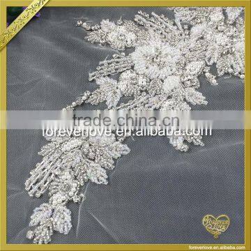 Lace Base Sew On Rhinestone Pearl Beaded Appliques Bridal Wedding Dress Appliques FHA-058 photo-5