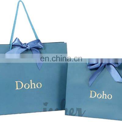 Customized Stamping Gold Gift Packaging Paper Bags with Rope Paperboard Recyclable Handle Small Blue Matte Paper Bags