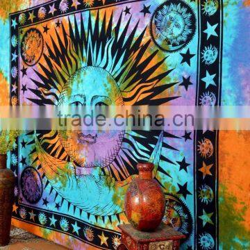 Indian Tapestry Cotton Tie Dye Print Sun and Moon Vintage Wall Hanging Tapestries Throw Good Morning Print Bedsheet photo-3
