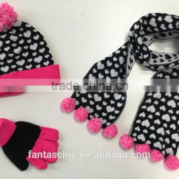 Children fashional all over heart kintted jacquard winter hat scarf gloves set