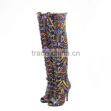 Sexy tight high over the knee boots african print pattern leather boot women shoes