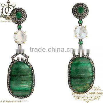 Gemstone Studded Earrings, 925 Silver Dangle Earrings, Emerald & Pearl Gemstone Earrings, Pave Diamond Gemstone Earrings Jewelry