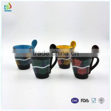 Black style unique shape ceramic coffee mug with spoon in handle