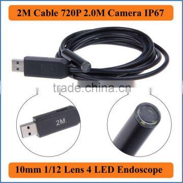 2M Cable Length Waterproof USB Endoscope Tube Snake Borescope Video Inspection Camera 2.0M HD 1080*720P with 4 LEDs 10mm Lens