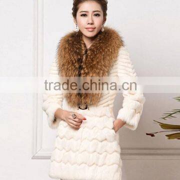 Women's 100% Real Rabbit Fur Coat with Super Big Raccoon Fur Collar