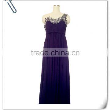 Lady's purple polyester chiffon evening dress with lace