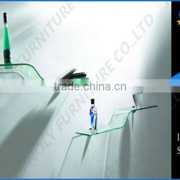 hot sale bent glass hanging on wall bar shoe wine goods display rack 115 for library restaurant
