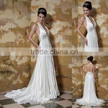 Real Sample White Halter Deep V-neck A-line Ruffles Backless Wedding Dress xyy03-094