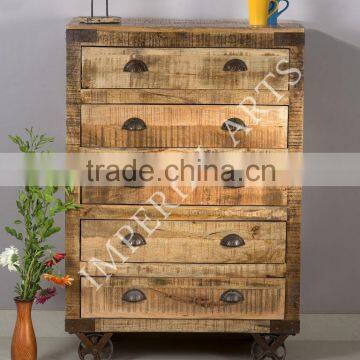 INDIAN MANGO WOOD 5 DRAWER CHEST WITH IRON WHEEL