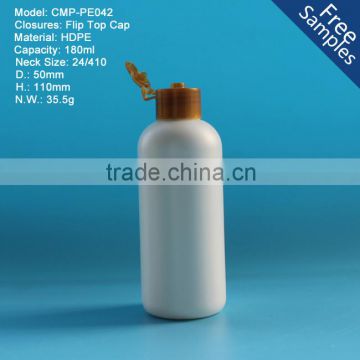 White 180ml HDPE bottle with flip top cap, 6oz HDPE flip top bottle