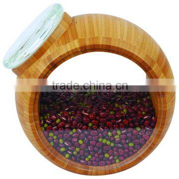 Stylish Round Airtight Bamboo Coffee Canister with Removable Airtight Lid on Top and Acrylic Sheet on Side Wall for Food Storage