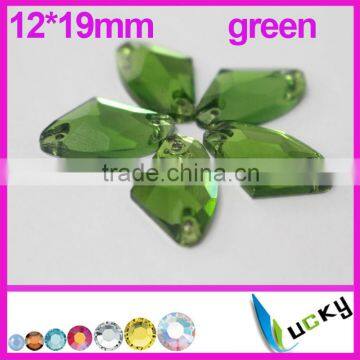 2014 New!Highest quality sew on rhinestones 12*19mm number 3071# Axe shape Green color Strass crystal beads for Sewing