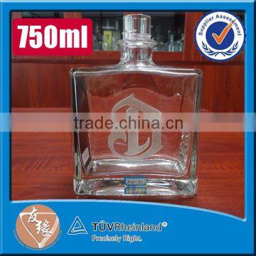 Food grade square 750ml sand blasted glass vodka fancy bottles