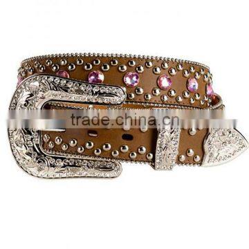 Cowgirl western rhinestones framed by rows of silver-tone studding pink bling belt