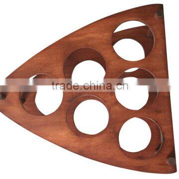 Triangle and 6 Holes Red Wooden Wine Bottle Holder on the Table or Cellar photo-3