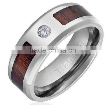 8MM Comfort Fit Titanium Wedding Band Engagement Ring with Dark Wood Inlay Round Cut CZ Center Stone and Beveled Edges