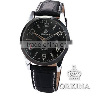 Orkina Mens Black Leather Stainless Steel Case Chrono Date Display Analog Sport Quartz Wrist Watch photo-2
