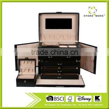 Black Luxurious Leather Jewelry Ring Earring Box Case With Mirror & Lock Leather Jewelry Box photo-3
