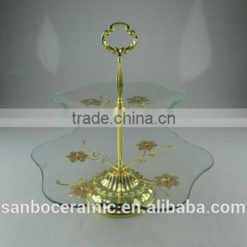 Wholesale glass cake stand, two tier golden glass cake stand with flower decoration