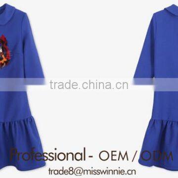 new early autumn girls dress blue embroidered short sleeve pleated dress