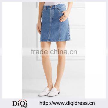 Wholesale Women Apparel Light-blue Denim A-line Front-button and zip Mini Skirt(DQE372SK)