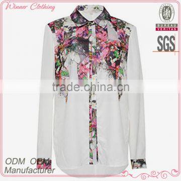 new model ladies fashion beautiful shirts 2016 summer sweet long sleeve stand collar white floral printed shirts