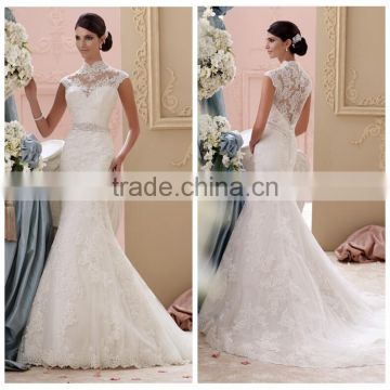 mermaid hollow cap sleeve lace wedding dress with high collar