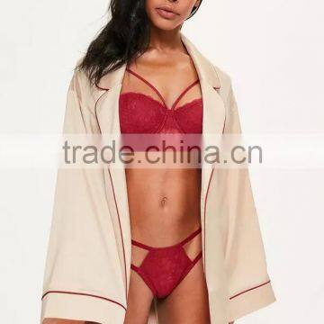 Nude PiPed Bridesmaid Satin Robe Embroidered Custom Logo Tie Waist Pyjamas Set Longline Shirt Dress Button photo-4