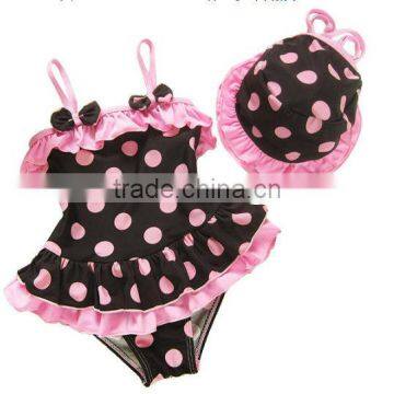 2014 Hot sale baby princess girls swimsuit with hat flower girls swim suit with polka dots infant child bikini swimsuit for girl