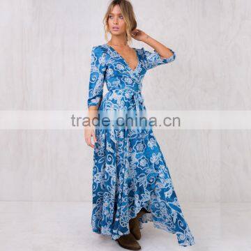 Paisley Print Long Sleeve Maxi Wrap Dress in Blue for Mature Women photo-2