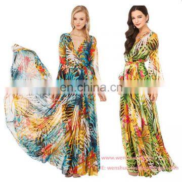 Hot Selling Big Flap Printed Long Sexy Women Chiffon Dress