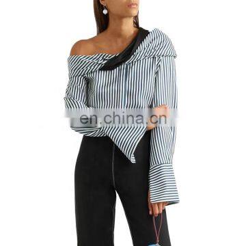 TWOTWINSTYLE Blouses For Women Skew Collar Flare Long Sleeve Loose Elegant Striped Casual Asymmetrical