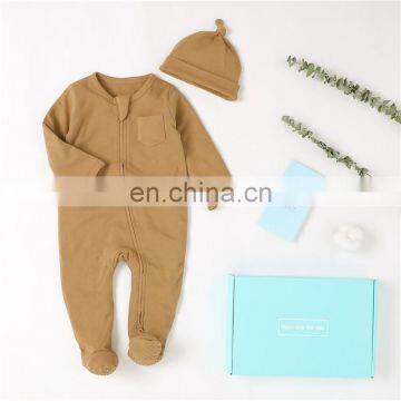 Hot Sale Double Zipper Organic Cotton Long Sleeve Romper Hat Set