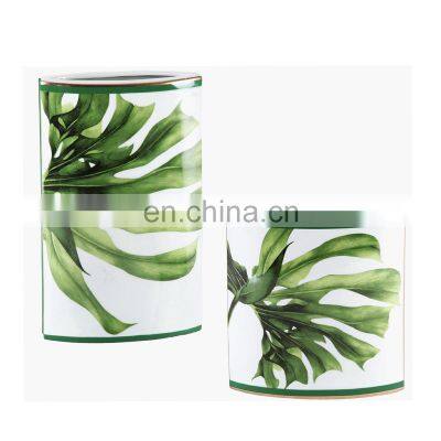 Modern Green Leaf Porcelain Plated Ceramic Flower Vase For Living Room Decor