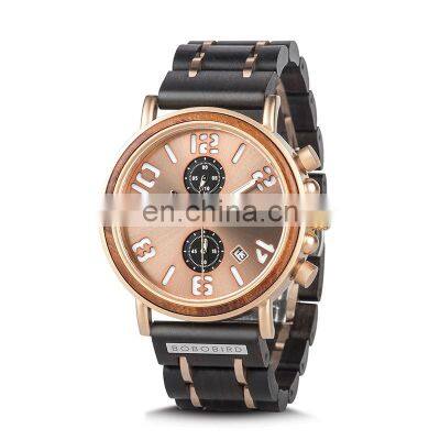 BOBO BIRD Classic Design Waterproof Wood Watches for Men Chronograph Wristwatch with Stainless Steel Band Wholesale Customize