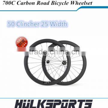 High Quality 50mm x25mm Road bicycle carbon Clincher carbon wheelset road wheels bicycle carbon wheelset HK-WH-50C-W25-C