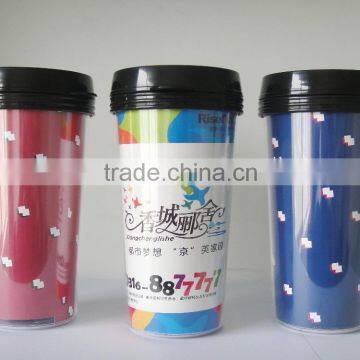 420ml double wall plastic mug with advertising insert paper ,promotional mug advertising cup