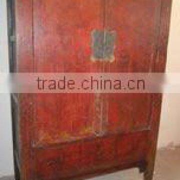 antique Chinese large red distressed wardrobe cabinet