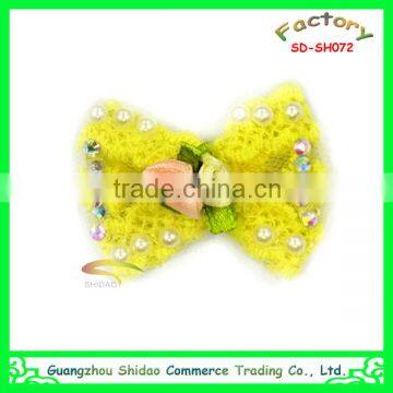 Yellow chenille crochet bow flower with pearl rose flower