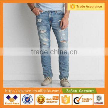 Latest Design Light Bule Ripped Men Jeans Wholesales in China