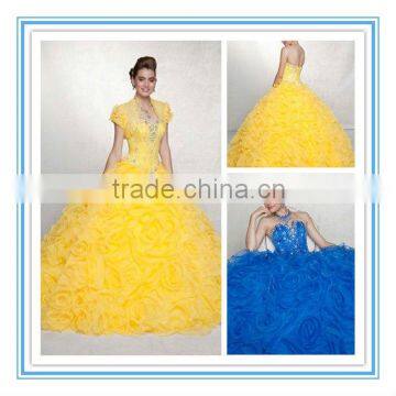 Yellow Organza Flower Skirt Beads Quinceanera Dress (QUMO-1008)