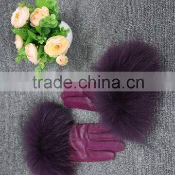 Fashion Sheep Leather Gloves Women Touchscreen Raccoon Fur Cuff Leather Gloves photo-3