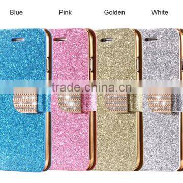 Luxury flip pu leather cover case for iphone6 Glitter Shining Diamond Bling PU Leather Flip Cover for iPhone 6 6 Plus