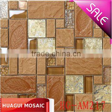 Gold foil glass mixed light brown porcelain mosaic tile for wall and floor decoration