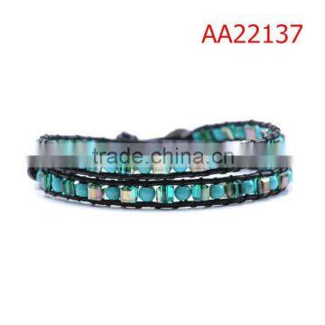 Wholesale Crystal and Turquoise Warp Bracelet On Natural Dark Leather