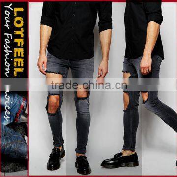 narrow jeans Distressed denim man jeans pant with Rip Knee varieties jeans (LOTA011)