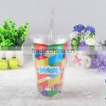 Double Wall Clear Transparent 16oz Plastic Tumbler With Straw photo-3