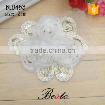 Fancy wholesale gold sequin white chiffon applique flower for garment